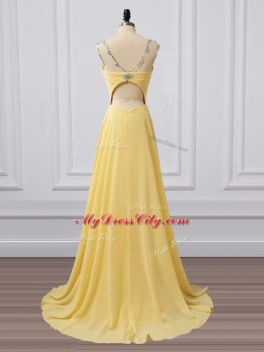 Stunning Sleeveless Brush Train Clasp Handle Beading and Ruching Prom Gown