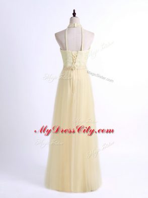 Light Yellow Tulle Lace Up Dama Dress for Quinceanera Sleeveless Floor Length Lace and Appliques