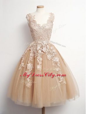 Sleeveless Lace Up Knee Length Appliques Bridesmaid Gown