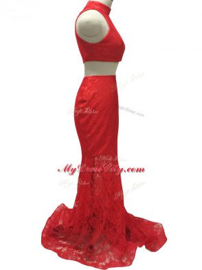 Custom Fit Red Sleeveless Lace Zipper Prom Dresses