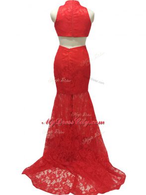 Custom Fit Red Sleeveless Lace Zipper Prom Dresses