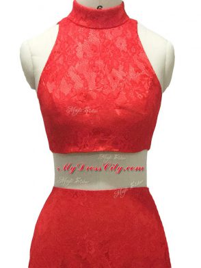 Custom Fit Red Sleeveless Lace Zipper Prom Dresses