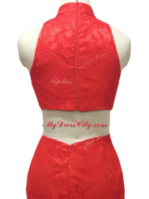 Custom Fit Red Sleeveless Lace Zipper Prom Dresses