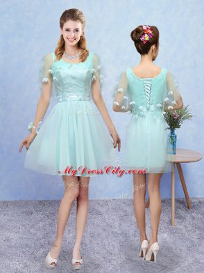 Tulle Halter Top Cap Sleeves Lace Up Appliques Bridesmaid Gown in Aqua Blue