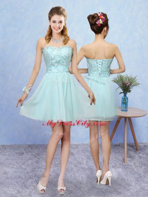 Tulle Halter Top Cap Sleeves Lace Up Appliques Bridesmaid Gown in Aqua Blue