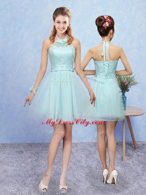 Tulle Halter Top Cap Sleeves Lace Up Appliques Bridesmaid Gown in Aqua Blue