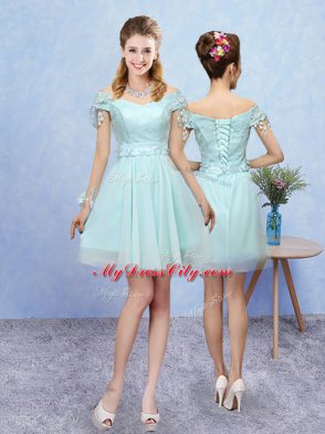 Tulle Halter Top Cap Sleeves Lace Up Appliques Bridesmaid Gown in Aqua Blue