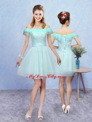 Tulle Halter Top Cap Sleeves Lace Up Appliques Bridesmaid Gown in Aqua Blue