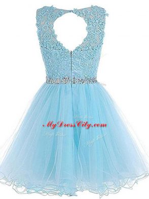 Latest Black A-line Tulle Scoop Sleeveless Beading and Lace and Appliques Mini Length Zipper Prom Party Dress