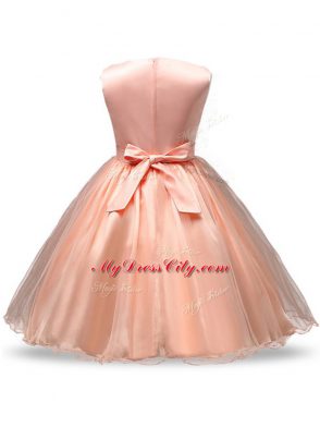 Sleeveless Knee Length Sequins and Hand Made Flower Zipper Flower Girl Dress with Peach