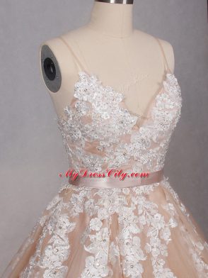 Tulle Spaghetti Straps Sleeveless Brush Train Zipper Appliques Wedding Gown in Champagne