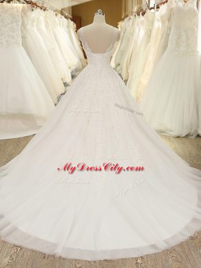 White Bridal Gown Tulle Sleeveless Lace and Appliques