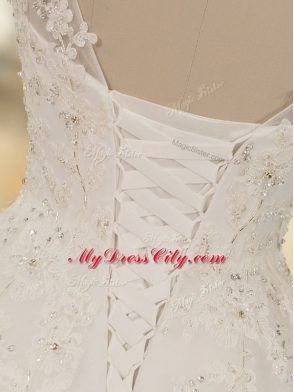 White Bridal Gown Tulle Sleeveless Lace and Appliques