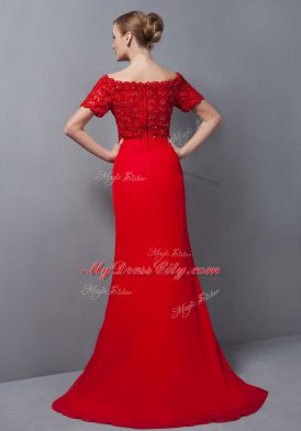 Decent Hot Pink Short Sleeves Sweep Train Lace Mother of the Bride Dress