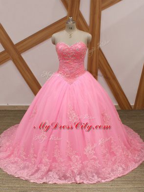 Designer Tulle Sleeveless Sweet 16 Dresses Brush Train and Beading and Lace