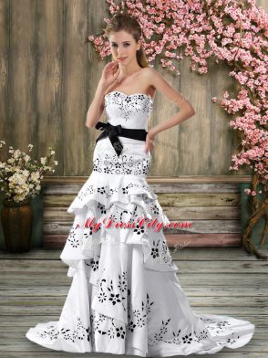 Ideal Embroidery and Sashes ribbons Bridal Gown White Backless Sleeveless Sweep Train