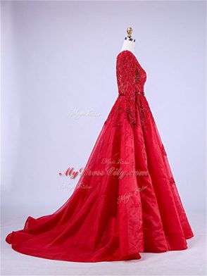 Zipper Evening Dress Red for Prom and Party with Beading and Lace Brush Train