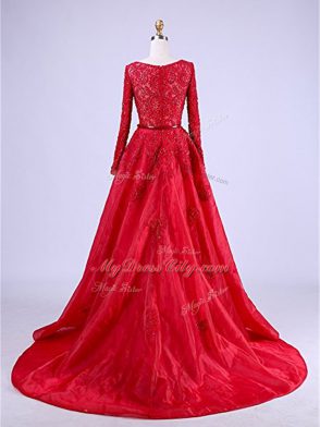 Zipper Evening Dress Red for Prom and Party with Beading and Lace Brush Train