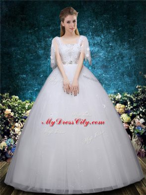 White Wedding Gown Wedding Party with Beading and Appliques Straps Short Sleeves Lace Up