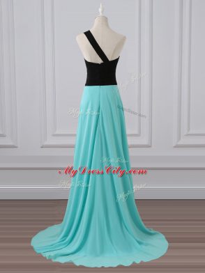 Aqua Blue Empire One Shoulder Sleeveless Chiffon Brush Train Zipper Ruching Quinceanera Court of Honor Dress