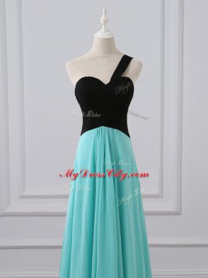 Aqua Blue Empire One Shoulder Sleeveless Chiffon Brush Train Zipper Ruching Quinceanera Court of Honor Dress