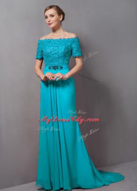 Clearance Short Sleeves Lace Zipper Mother of Groom Dress with Aqua Blue Sweep Train