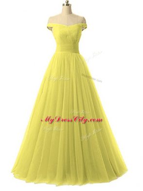 Elegant White Sleeveless Floor Length Ruching Lace Up Prom Party Dress