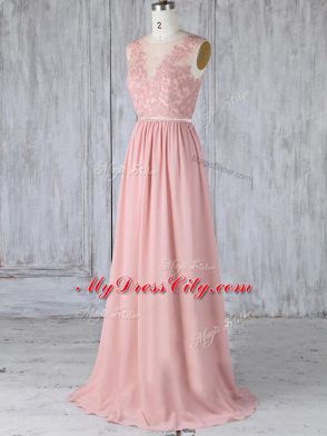 Custom Designed Pink Chiffon Backless Bridesmaid Dresses Sleeveless Sweep Train Appliques