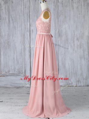 Custom Designed Pink Chiffon Backless Bridesmaid Dresses Sleeveless Sweep Train Appliques