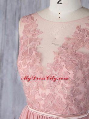 Custom Designed Pink Chiffon Backless Bridesmaid Dresses Sleeveless Sweep Train Appliques