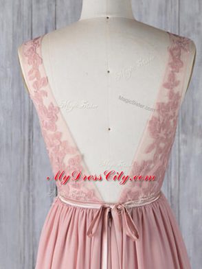 Custom Designed Pink Chiffon Backless Bridesmaid Dresses Sleeveless Sweep Train Appliques