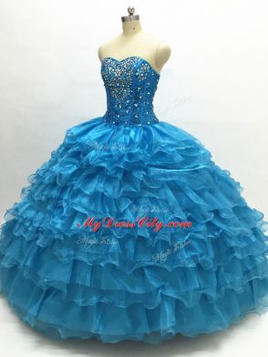 Ball Gowns 15th Birthday Dress Teal Sweetheart Organza Sleeveless Floor Length Lace Up