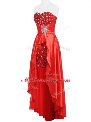 Coral Red Sleeveless Floor Length Beading and Ruching Zipper Dress for Prom