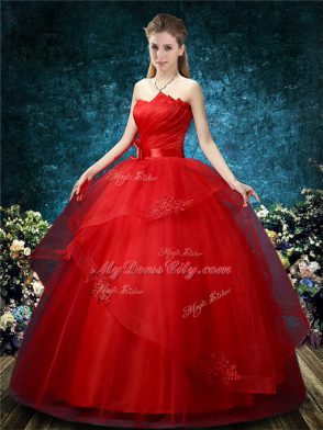 Fashion Red Sleeveless Floor Length Appliques Lace Up Wedding Gowns