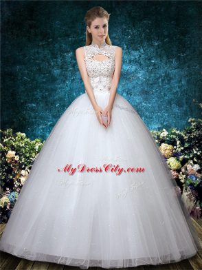 White Sleeveless Beading and Appliques and Embroidery Floor Length Wedding Gown