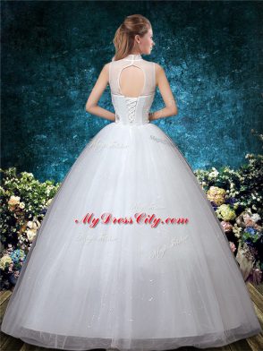 White Sleeveless Beading and Appliques and Embroidery Floor Length Wedding Gown