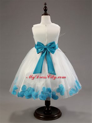 High Class White Zipper Scoop Appliques and Hand Made Flower Kids Formal Wear Tulle Sleeveless