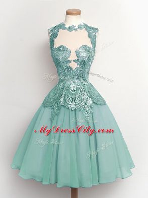 Sleeveless Knee Length Lace Lace Up Quinceanera Dama Dress with Light Blue