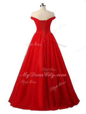 Luxurious Red Off The Shoulder Lace Up Ruching Womens Evening Dresses Sleeveless