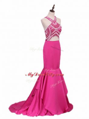 Cute Hot Pink Sleeveless Brush Train Beading Dress Like A Star