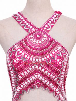 Cute Hot Pink Sleeveless Brush Train Beading Dress Like A Star