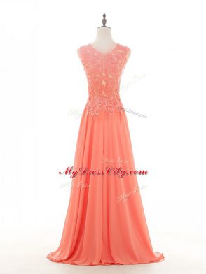 Scoop Sleeveless Zipper Evening Gowns Watermelon Red Chiffon