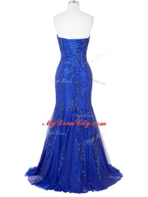 Royal Blue Mermaid Tulle Sweetheart Sleeveless Sequins Lace Up Evening Gowns Brush Train