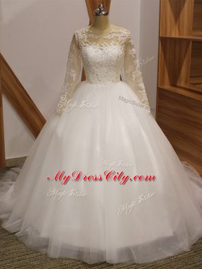 Wonderful White Long Sleeves Brush Train Lace Bridal Gown