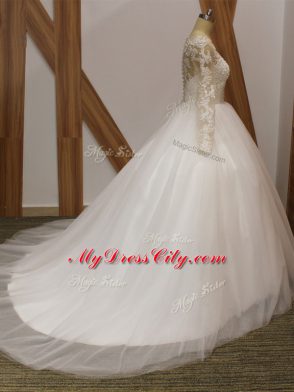 Wonderful White Long Sleeves Brush Train Lace Bridal Gown