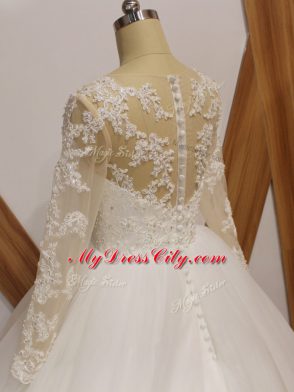 Wonderful White Long Sleeves Brush Train Lace Bridal Gown