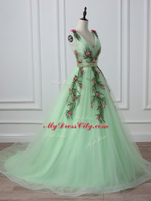 V-neck Sleeveless Court Train Lace Up Prom Gown Apple Green Tulle