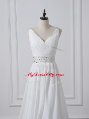 Unique White Sleeveless Brush Train Beading and Ruching Wedding Gown