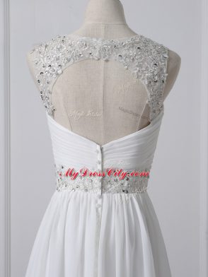 Unique White Sleeveless Brush Train Beading and Ruching Wedding Gown