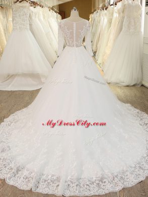 Sophisticated White Ball Gowns Tulle Scoop Long Sleeves Beading and Lace and Appliques Zipper Wedding Gowns Chapel Train